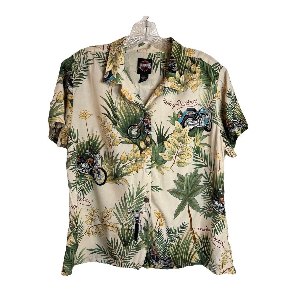 Harley Davidson VTG Aloha Hawaiian Silk Button Short Sleeve Topâ Size Large